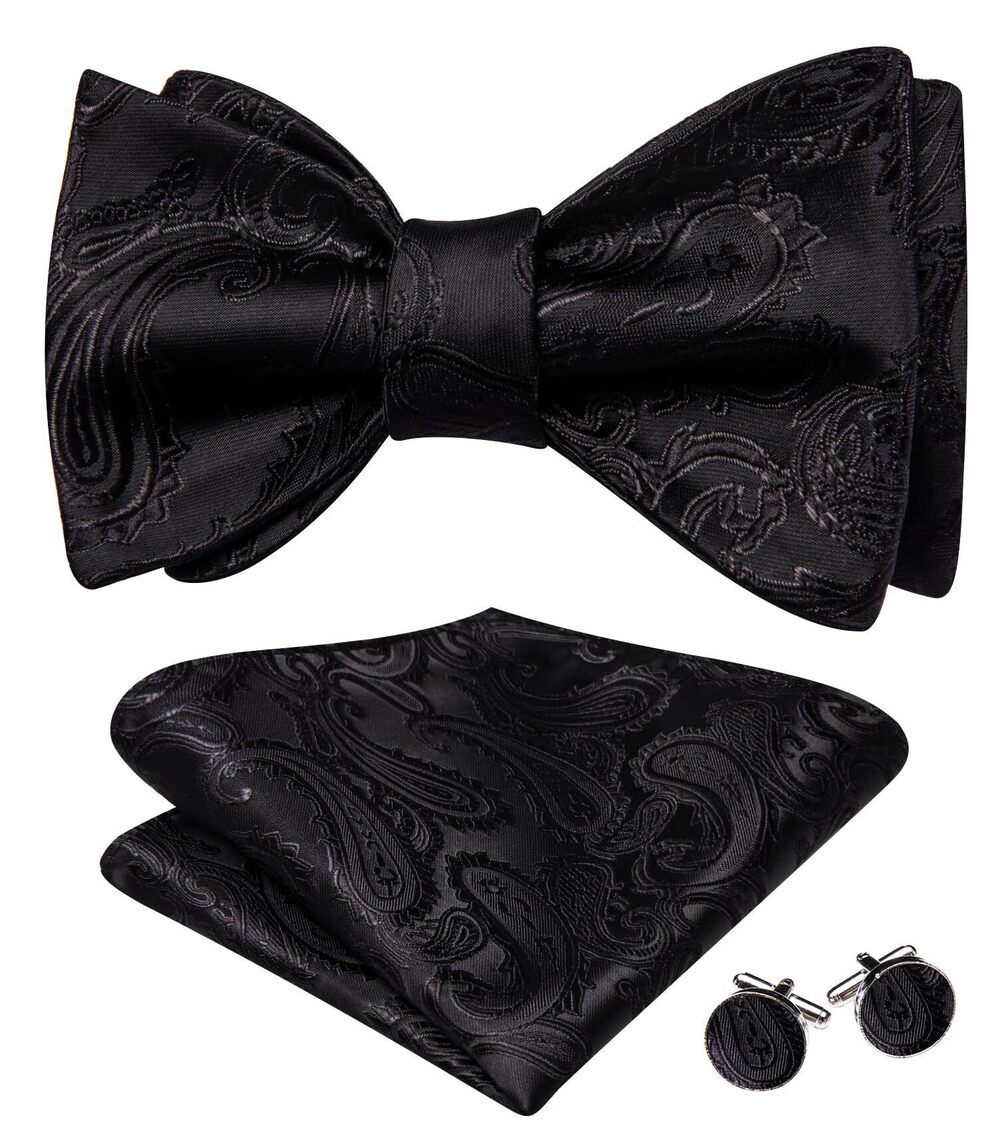 6463 Solid Color Paisley Self Tie Bow Ties Formal Black Bowtie and Pocket